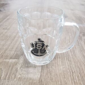 U.S.N. US Navy Pewter Logo on Clear Glass Beer Stein Mug Military Luminarc USA